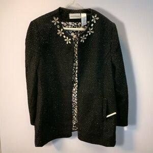 Alfred Dunner Dressy Sparkling black jacket Floral lined- rhinestones pockets 14